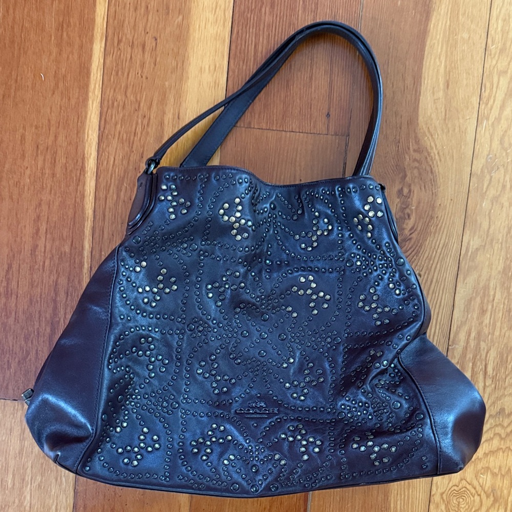 Like New Coach Edie Studded Brown Leather Shoulder Bag
